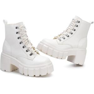 FITORY Women’s Combat Boots Lightweight Lace up Side Zipper Ankle Botas High Heel Chunky Platform Lug Sole Booties Size 6-11(Beige)