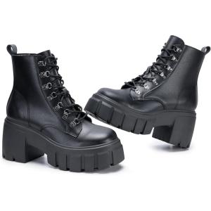 FITORY Women’s Combat Boots Lightweight Lace up Side Zipper Ankle Botas High Heel Chunky Platform Lug Sole Booties Size 6-11(Black)
