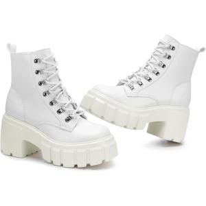 FITORY Women’s Combat Boots Lightweight Lace up Side Zipper Ankle Botas High Heel Chunky Platform Lug Sole Booties Size 6-11(White)