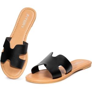 FITORY Women’s Comfortable Dressy Leather Flat Sandals – Stylish & Beautiful Summer Slides Size 6-11(Black)