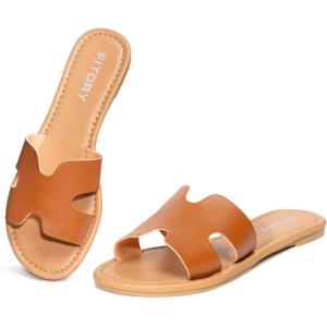 FITORY Women’s Comfortable Dressy Leather Flat Sandals – Stylish & Beautiful Summer Slides Size 6-11(Brown)