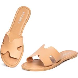 FITORY Women’s Comfortable Dressy Leather Flat Sandals – Stylish & Beautiful Summer Slides Size 6-11(Camel)
