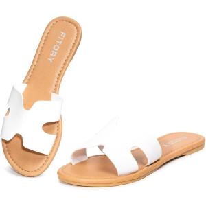 FITORY Women’s Comfortable Dressy Leather Flat Sandals – Stylish & Beautiful Summer Slides Size 6-11(White)