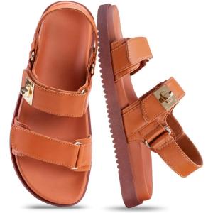 FITORY Women’s Flat Sandals Classic Adjustable Double Strap with Cushioned Footbed for Summer Size 6-11(Brown)