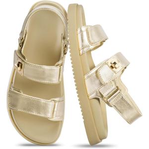 FITORY Women’s Flat Sandals Classic Adjustable Double Strap with Cushioned Footbed for Summer Size 6-11(Gold)
