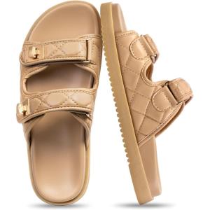 FITORY Women’s Flat Sandals Classic Adjustable Double Strap with Cushioned Footbed for Summer Size 6-11(Khaki-2105)
