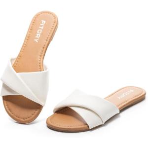 FITORY Women’s Flat Sandals Fashion Slides With Soft Leather Slippers for Summer Size 6-11