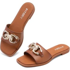 FITORY Women’s Flat Sandals Fashion Slides With Soft Leather Slippers for Summer Size 6-11(All Brown)