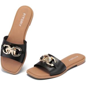 FITORY Women’s Flat Sandals Fashion Slides With Soft Leather Slippers for Summer Size 6-11(Black)