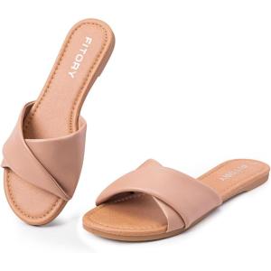 FITORY Women’s Flat Sandals Fashion Slides With Soft Leather Slippers for Summer Size 6-11(Nude)