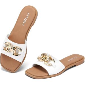 FITORY Women’s Flat Sandals Fashion Slides With Soft Leather Slippers for Summer Size 6-11(White)