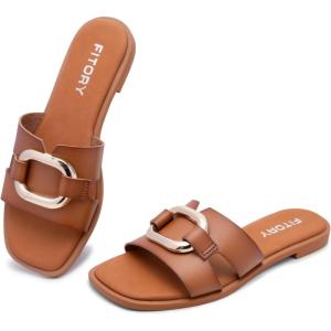 FITORY Women’s Flat Sandals Fashion Square Open Toe Slides With Metal Chain Slippers for Summer Size 6-11(All Brown)