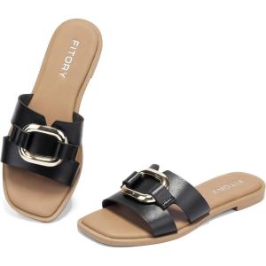 FITORY Women’s Flat Sandals Fashion Square Open Toe Slides With Metal Chain Slippers for Summer Size 6-11(Black)