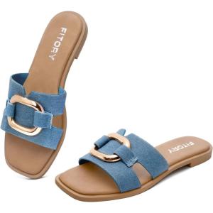 FITORY Women’s Flat Sandals Fashion Square Open Toe Slides With Metal Chain Slippers for Summer Size 6-11(Blue)