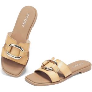 FITORY Women’s Flat Sandals Fashion Square Open Toe Slides With Metal Chain Slippers for Summer Size 6-11(Camel)