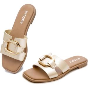 FITORY Women’s Flat Sandals Fashion Square Open Toe Slides With Metal Chain Slippers for Summer Size 6-11(Gold)