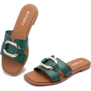 FITORY Women’s Flat Sandals Fashion Square Open Toe Slides With Metal Chain Slippers for Summer Size 6-11(Green)