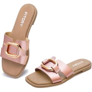 FITORY Women’s Flat Sandals Fashion Square Open Toe Slides With Metal Chain Slippers for Summer Size 6-11(Rose Gold)