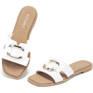 FITORY Women’s Flat Sandals Fashion Square Open Toe Slides With Metal Chain Slippers for Summer Size 6-11(White)