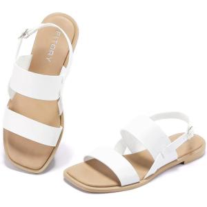 FITORY Women’s Flat Sandals Fashionable Square Open Toe Adjustable Buckle Slippers Summer Size 6-11(White)