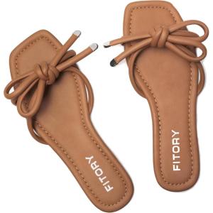 FITORY Women’s Flat Sandals Square Open Toe Thong with Cute Knot for Summer Size 6-11(All Brown)