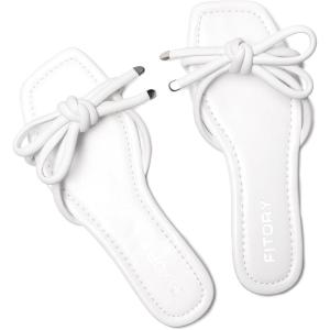 FITORY Women’s Flat Sandals Square Open Toe Thong with Cute Knot for Summer Size 6-11(All White)
