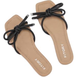FITORY Women’s Flat Sandals Square Open Toe Thong with Cute Knot for Summer Size 6-11(Black)