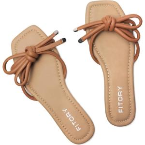 FITORY Women’s Flat Sandals Square Open Toe Thong with Cute Knot for Summer Size 6-11(Brown)