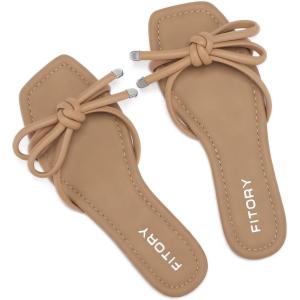 FITORY Women’s Flat Sandals Square Open Toe Thong with Cute Knot for Summer Size 6-11(Camel)