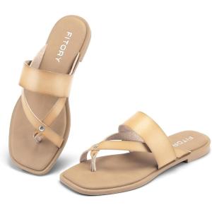 FITORY Womens Flat Sandals With Casual Fashion Slides and Flip Flops Split Toes Style for Lady Summer Size 6-11(Camel)