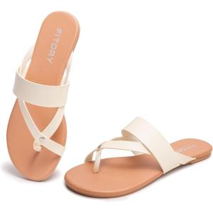 FITORY Womens Flat Sandals With Casual Fashion Slides and Flip Flops Split Toes Style for Lady Summer Size 6-11(Round-beige)