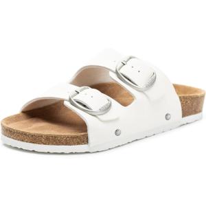 FITORY Womens Flat Sandals with Cork Footbed, Open Toe Slides Adjustable Slip On Slippers for Summer Size 6-11(White)