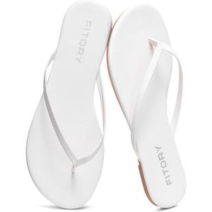 FITORY Women’s Flip Flops, Fashion Casual Thong Walking Slide with Vegan Leather, Comfortable Summer Beach Flat Sandals for 2025 Indoor and Outdoor Size 6-11(White)