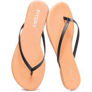 FITORY Women’s Flip Flops, Fashion Casual Thong Walking Slide with Vegan Leather, Comfortable Summer Beach Flat Sandals for 2025 Indoor and Outdoor Size 6-11(Black Brown)