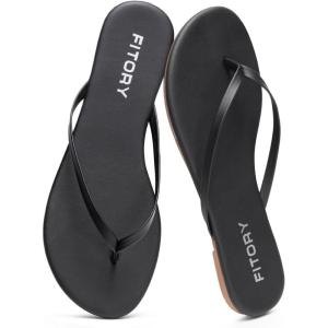 FITORY Women’s Flip Flops, Fashion Casual Thong Walking Slide with Vegan Leather, Comfortable Summer Beach Flat Sandals for 2025 Indoor and Outdoor Size 6-11(Black)
