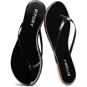 FITORY Women’s Flip Flops, Fashion Casual Thong Walking Slide with Vegan Leather, Comfortable Summer Beach Flat Sandals for 2025 Indoor and Outdoor Size 6-11(Black Patent)
