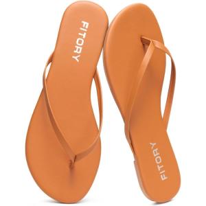 FITORY Women’s Flip Flops, Fashion Casual Thong Walking Slide with Vegan Leather, Comfortable Summer Beach Flat Sandals for 2025 Indoor and Outdoor Size 6-11(Brown)