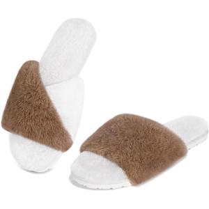 FITORY Women’s Memory Foam Slippers, Cross Band Fuzzy House Shoes with Stylish and Comfy Open Toe for Indoor Outdoor Size 6-11(Brown&white)