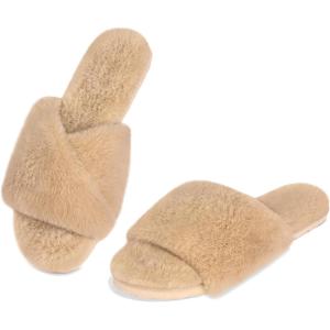 FITORY Women’s Memory Foam Slippers, Cross Band Fuzzy House Shoes with Stylish and Comfy Open Toe for Indoor Outdoor Size 6-11(Camel)