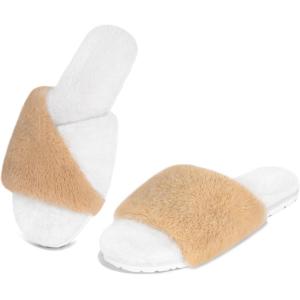 FITORY Women’s Memory Foam Slippers, Cross Band Fuzzy House Shoes with Stylish and Comfy Open Toe for Indoor Outdoor Size 6-11(Camel&white)