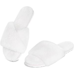 FITORY Women’s Memory Foam Slippers, Cross Band Fuzzy House Shoes with Stylish and Comfy Open Toe for Indoor Outdoor Size 6-11(White)