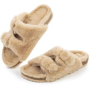 FITORY Womens Open Toe Slipper with Cozy Lining,Faux Rabbit Fur Cork Slide Sandals Size 6-11