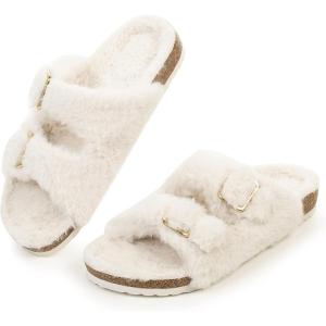 FITORY Womens Open Toe Slipper with Cozy Lining,Faux Rabbit Fur Cork Slide Sandals Size 6-11(Beige)