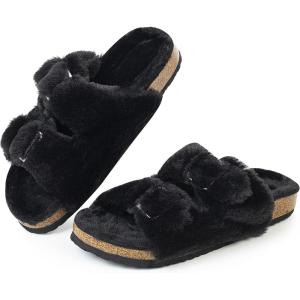FITORY Womens Open Toe Slipper with Cozy Lining,Faux Rabbit Fur Cork Slide Sandals Size 6-11(Black)