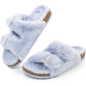 FITORY Womens Open Toe Slipper with Cozy Lining,Faux Rabbit Fur Cork Slide Sandals Size 6-11(Blue)