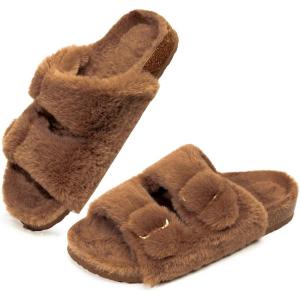 FITORY Womens Open Toe Slipper with Cozy Lining,Faux Rabbit Fur Cork Slide Sandals Size 6-11(Brown)