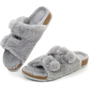 FITORY Womens Open Toe Slipper with Cozy Lining,Faux Rabbit Fur Cork Slide Sandals Size 6-11(Grey)