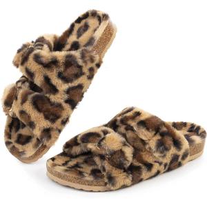 FITORY Womens Open Toe Slipper with Cozy Lining,Faux Rabbit Fur Cork Slide Sandals Size 6-11(Leopard)