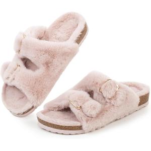 FITORY Womens Open Toe Slipper with Cozy Lining,Faux Rabbit Fur Cork Slide Sandals Size 6-11(Pink)