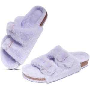 FITORY Womens Open Toe Slipper with Cozy Lining,Faux Rabbit Fur Cork Slide Sandals Size 6-11(Purple)